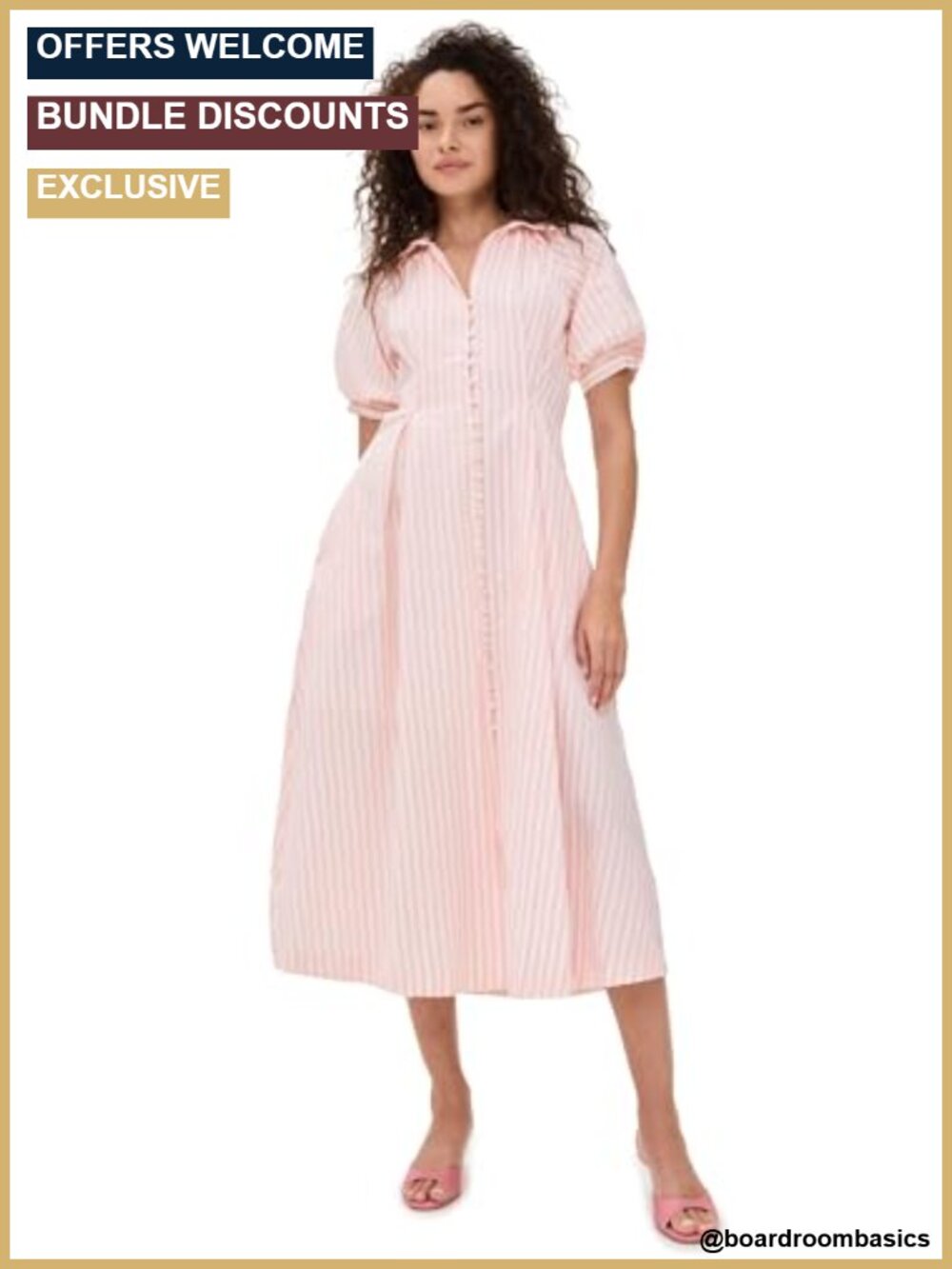Women's Seersucker Striped Midi Dress Short Puff Sleeves